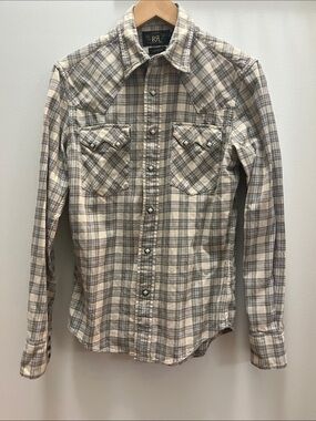 Ralph Lauren Double RL Beige and Gray Plaid Western Shirt Pearl Button Size 3